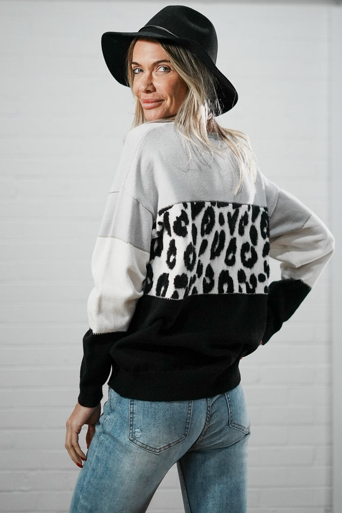 black Long sleeve crew neck knit with leopard print | Runway Secrets