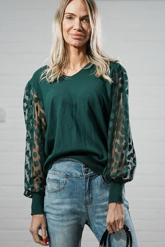 green V neck printed mesh puffer sleeve jumper | Runway Secrets