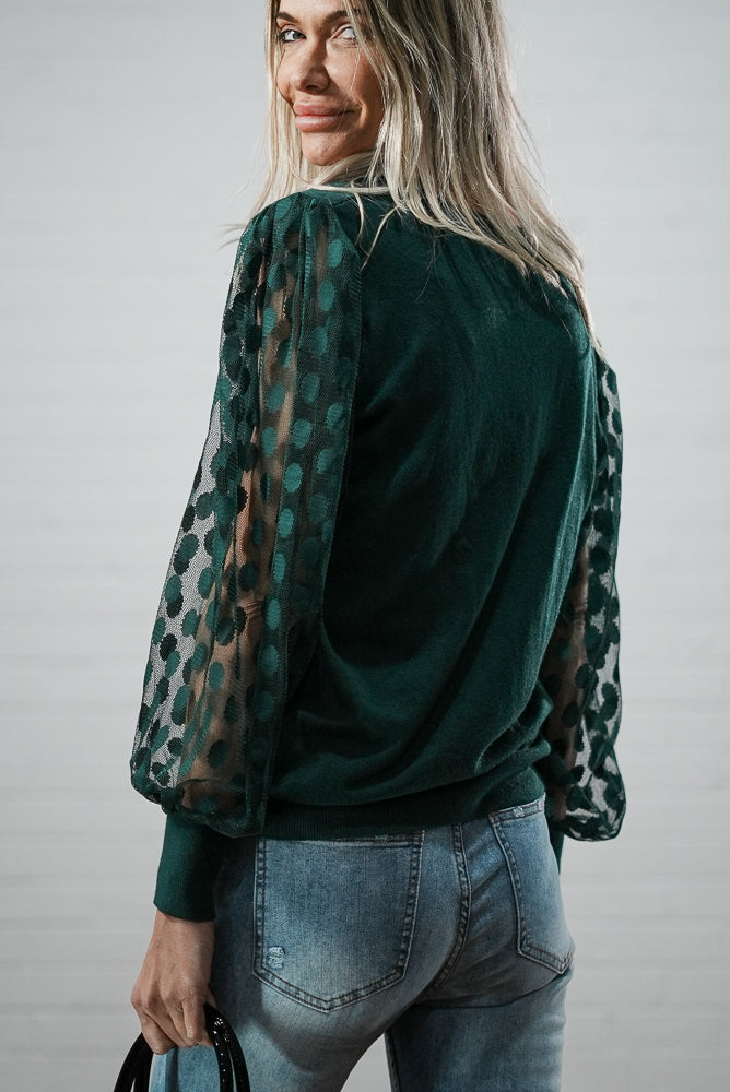 green V neck printed mesh puffer sleeve jumper | Runway Secrets