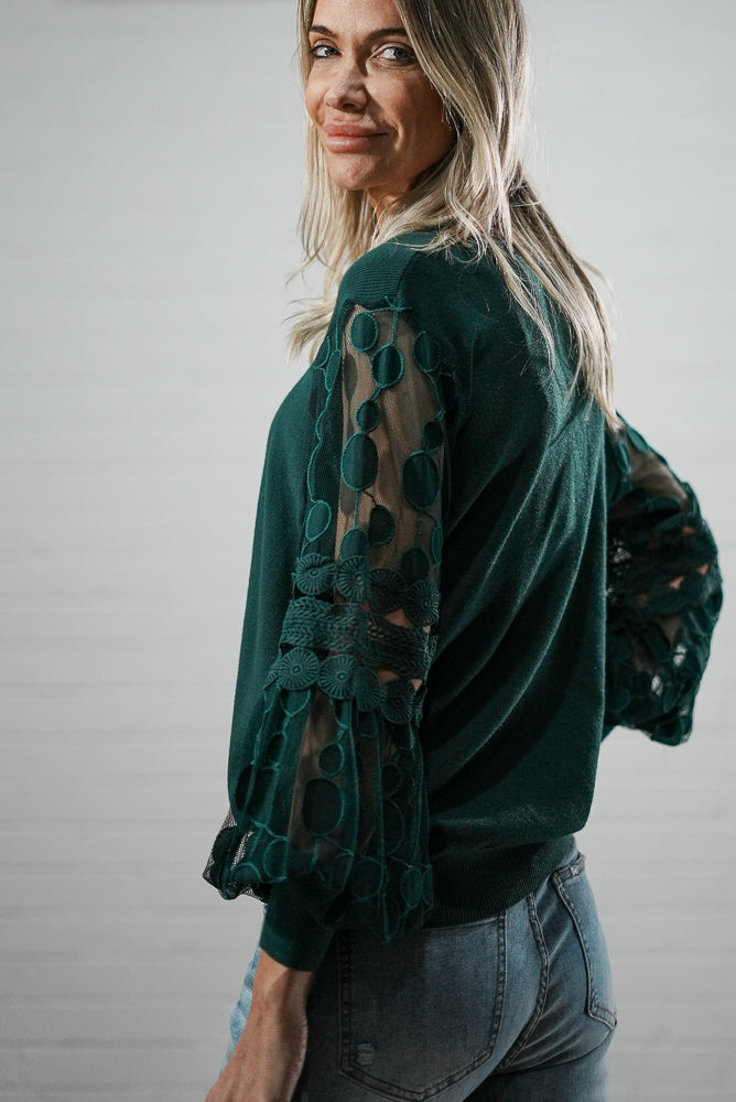 green Crew neck jumper with mesh and print puffer sleeves | Runway Secrets