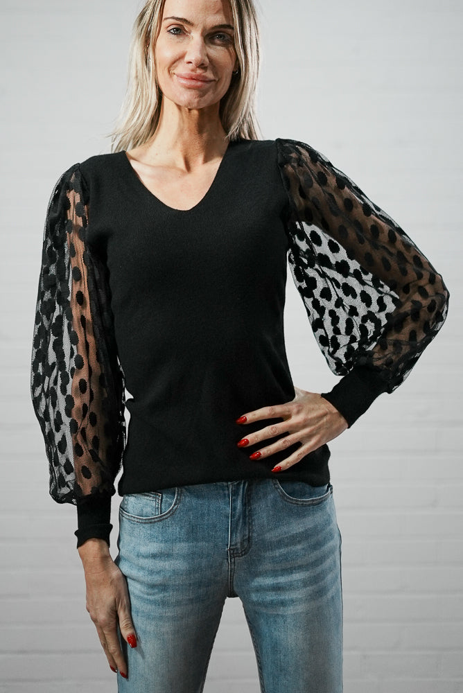 black V neck printed mesh puffer sleeve jumper | Runway Secrets