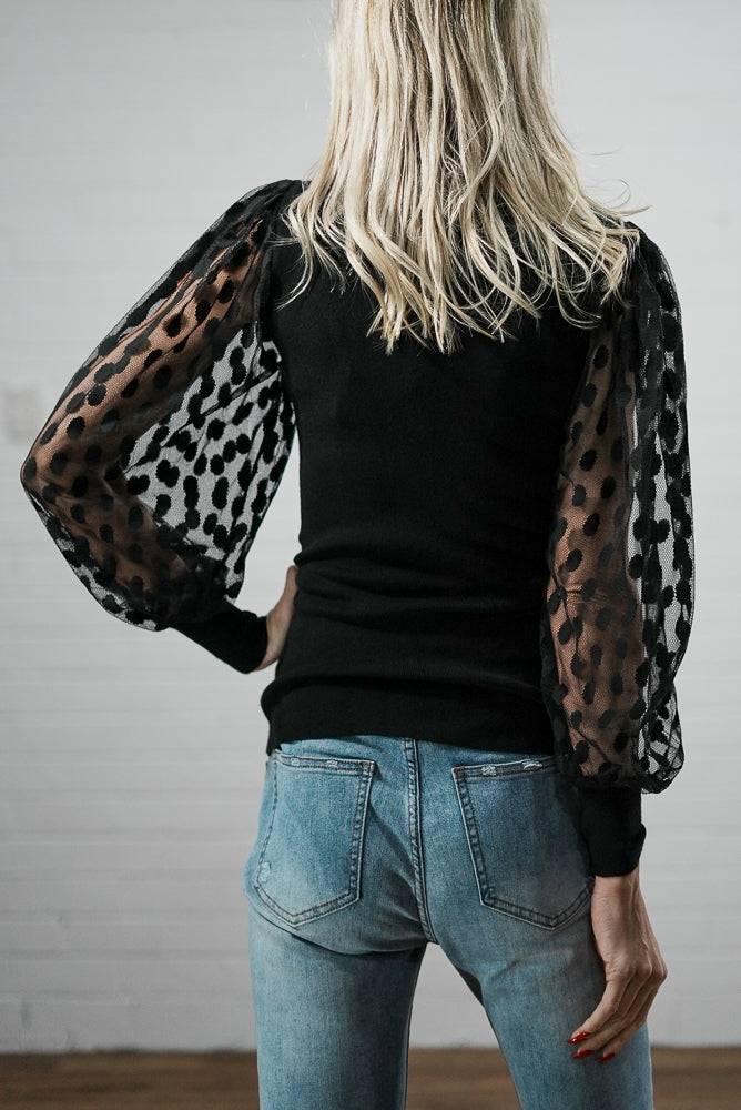 black V neck printed mesh puffer sleeve jumper | Runway Secrets