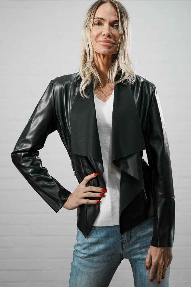 black Faux leather and suede short cardigan | Runway Secrets