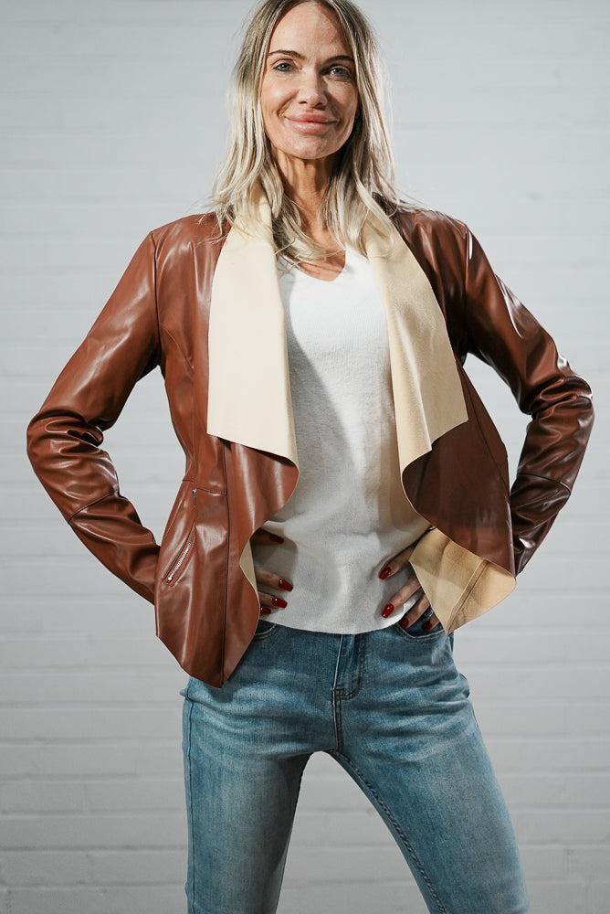 brown Faux leather and suede short cardigan | Runway Secrets