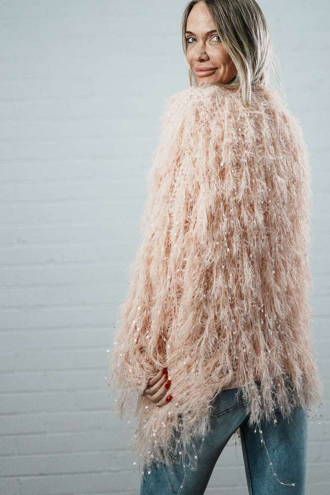 pink Fluffy glam sequin cardigan | Runway Secrets