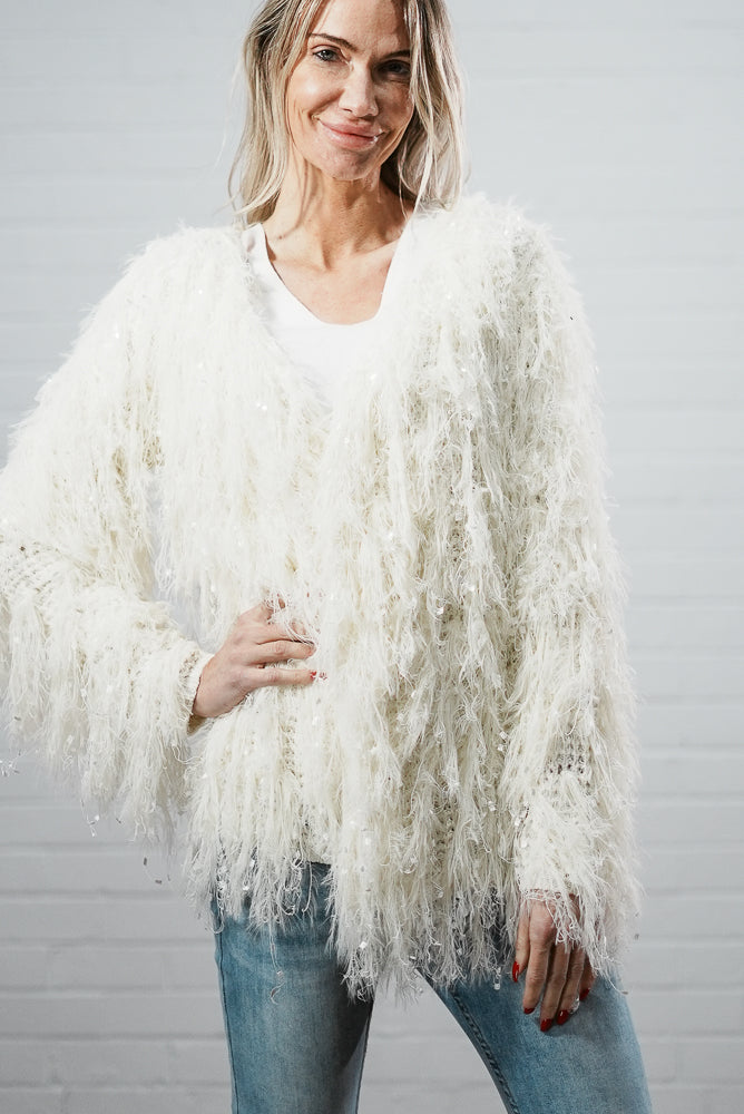 white Fluffy glam sequin cardigan | Runway Secrets