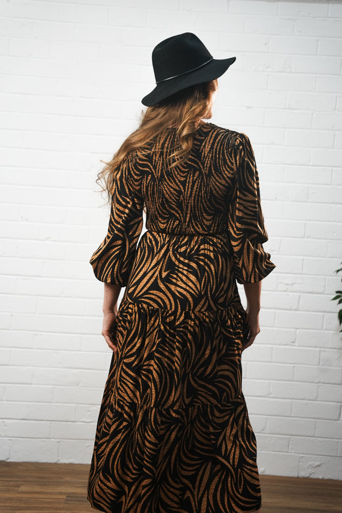 brown Abstract leaf print midi dress | Runway Secrets