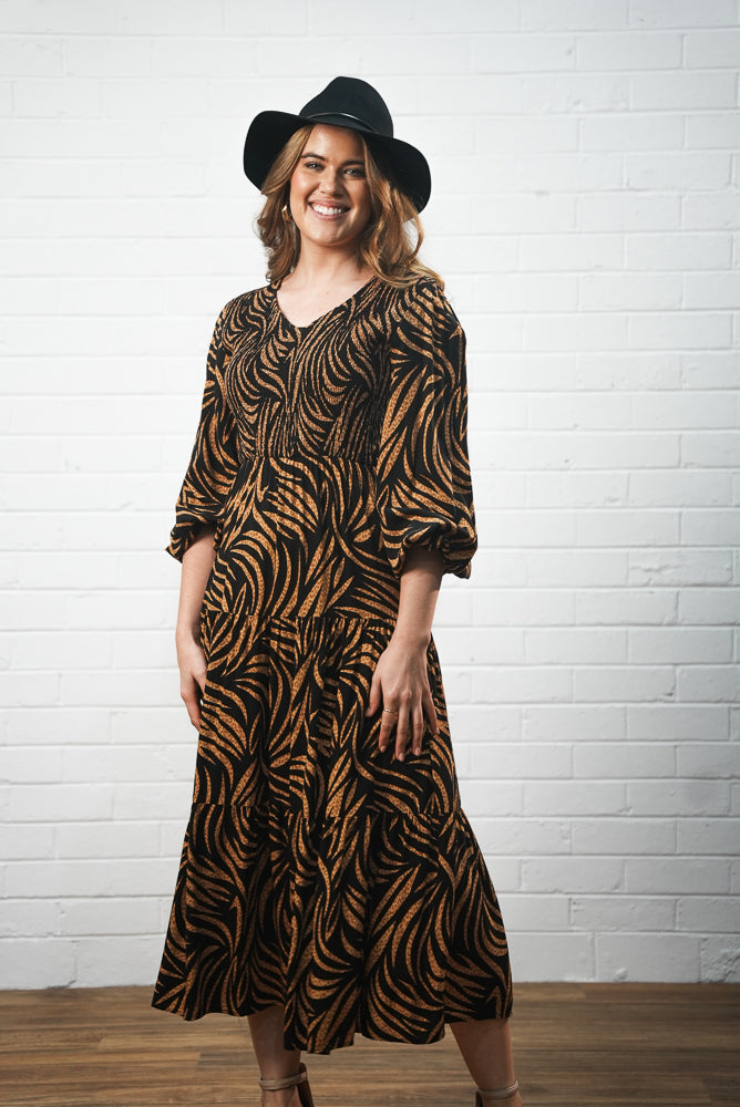 brown Abstract leaf print midi dress | Runway Secrets