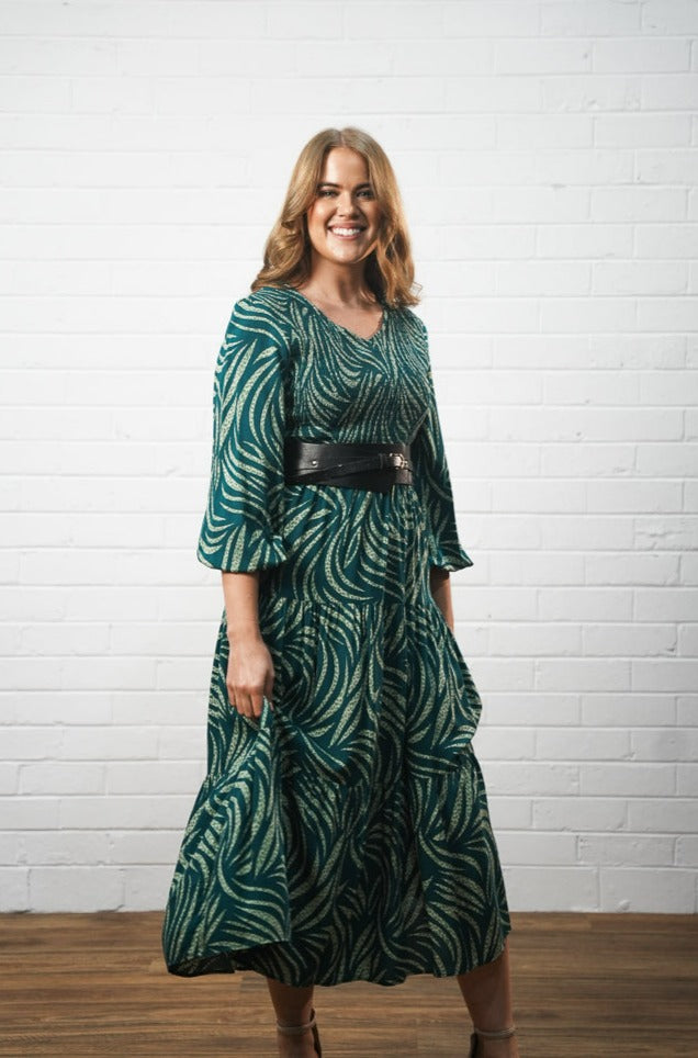 green Abstract leaf print midi dress | Runway Secrets