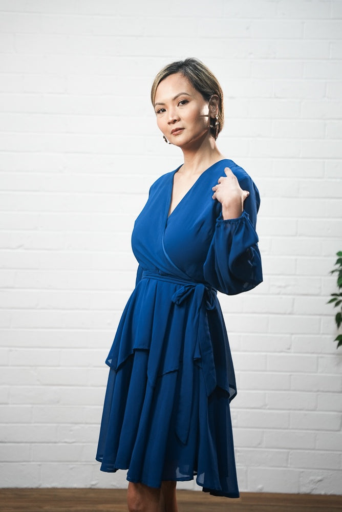 blue Long sleeve  chiffon wrap short dress | Runway Secrets