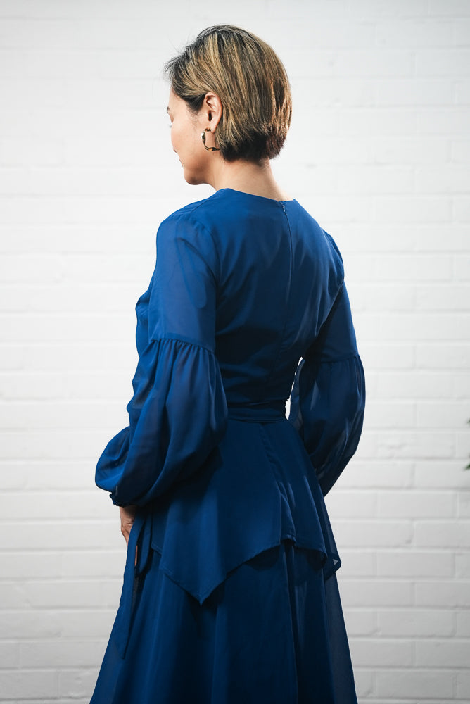 blue Long sleeve  chiffon wrap short dress | Runway Secrets