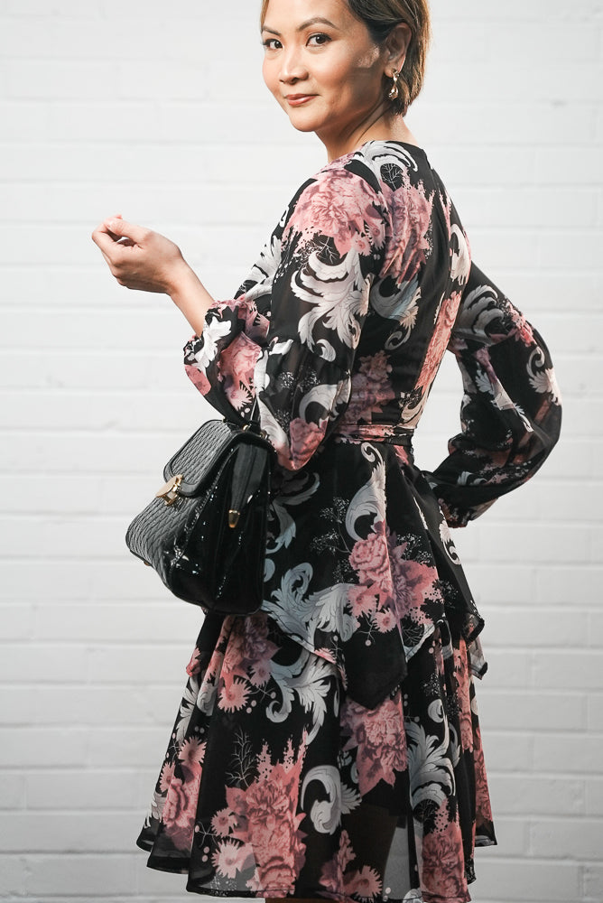 Black printed short dress | BOUQUET DRESS | Runway Secrets