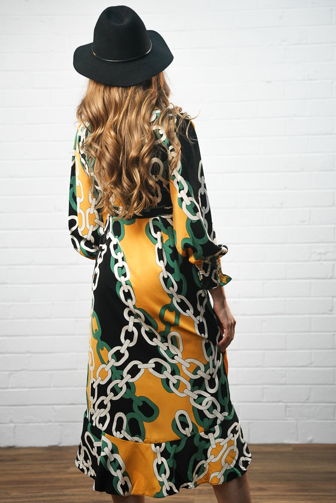 Multicolour chain print satin midi dress | Runway Secrets