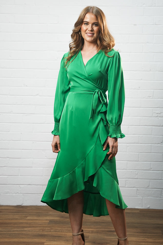 green Long sleeve satin midi dress | Runway Secrets