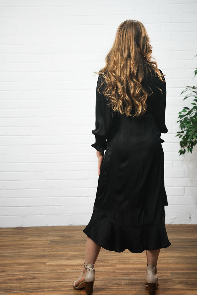 black Long sleeve satin midi dress | Runway Secrets