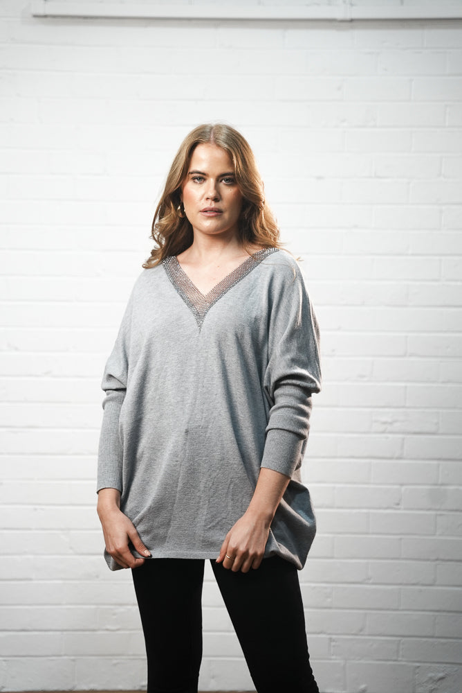 Oversized v neck with sparkle mesh jumper | SPARKLE V KNIT