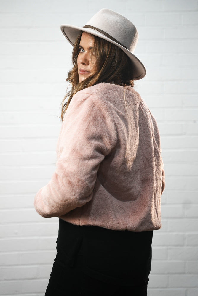 pink Collarless Cropped Faux Fur Jacket | Runway Secrets