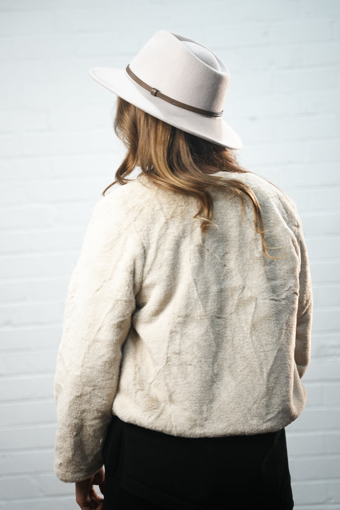 beige Collarless Cropped Faux Fur Jacket | Runway Secrets