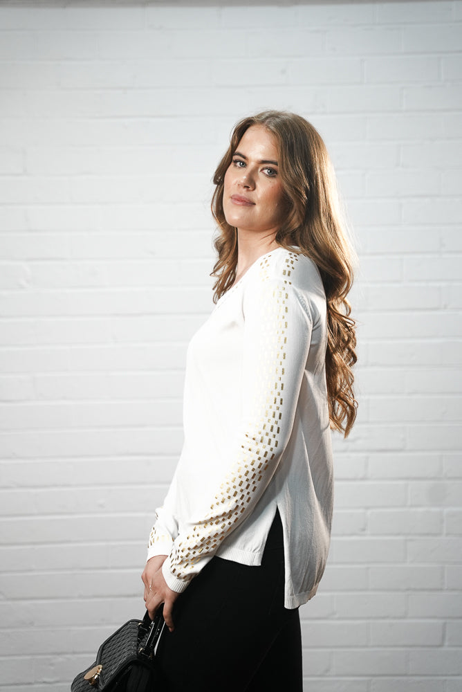 white V neck with mirror detail jumper | Runway Secrets