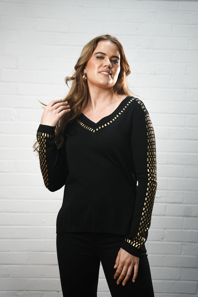 black V neck with mirror detail jumper | Runway Secrets