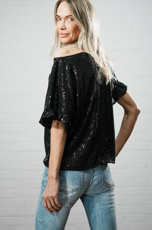 Black sequin Ruffle Sleeve T-Shirt | Runway Secrets