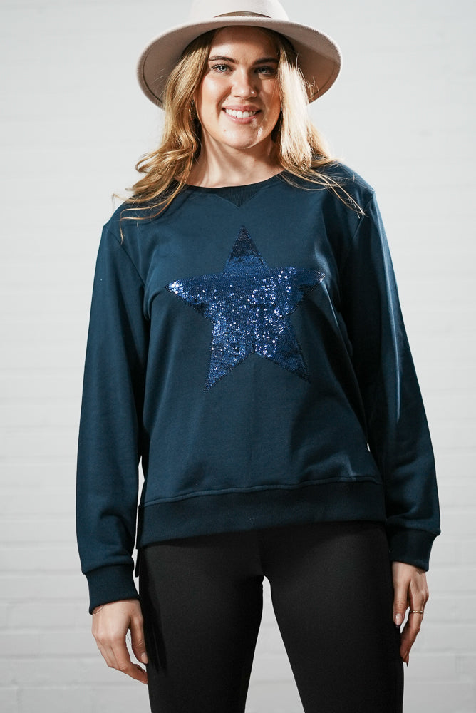 blue Star print with elbow patch jumper | Runway Secrets