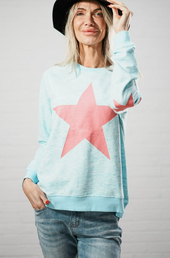 sky blue Star print with elbow patch jumper | Runway Secrets