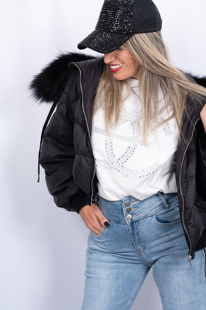 Goose down puffer jacket with racoon fur collar | Runway Secrets