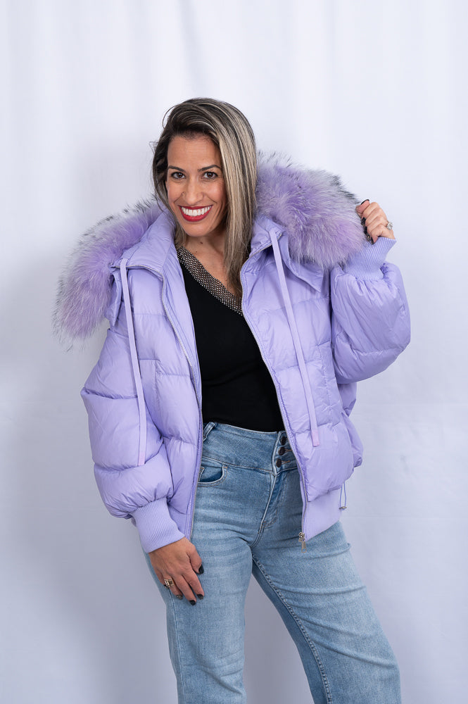 Goose down puffer jacket with racoon fur collar | Runway Secrets