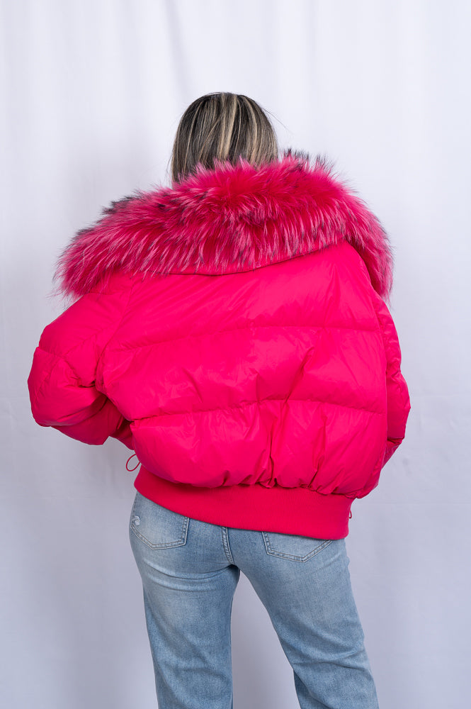 Goose down puffer jacket with racoon fur collar | Runway Secrets