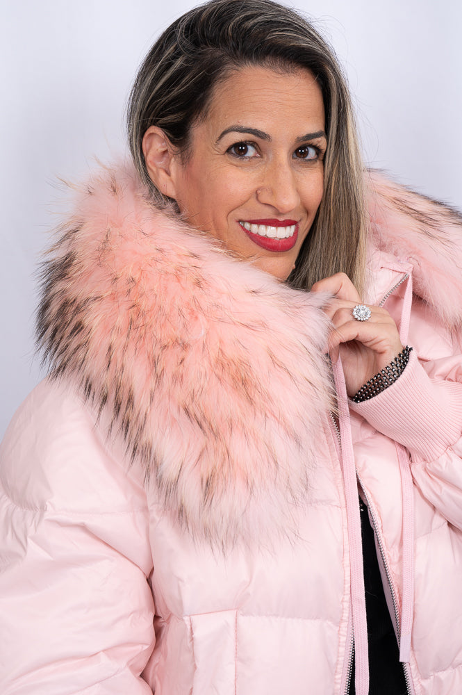 Goose down puffer jacket with racoon fur collar | Runway Secrets