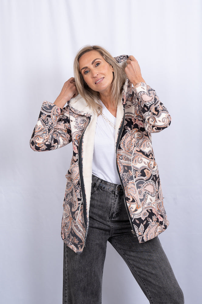 Hoodie printed jacket with ivory faux fur lining | Runway Secrets