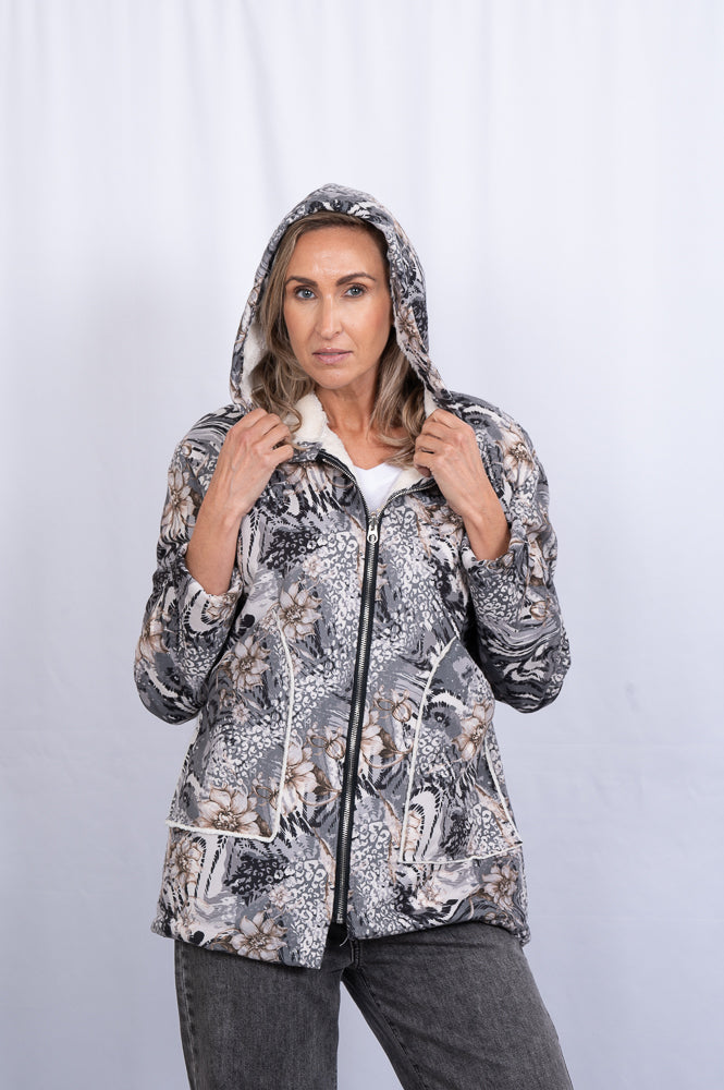 Hoodie printed jacket with ivory faux fur lining | Runway Secrets