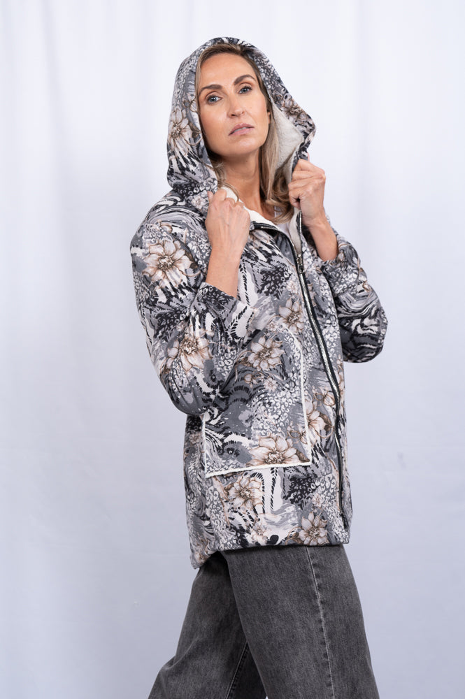 Hoodie printed jacket with ivory faux fur lining | Runway Secrets