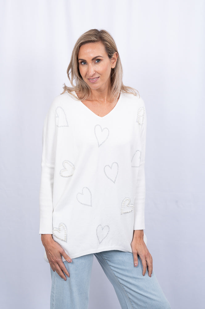 white Oversized sparkle heart knit jumper | Runway Secrets