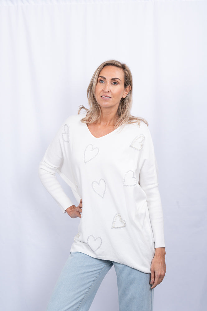 white Oversized sparkle heart knit jumper | Runway Secrets