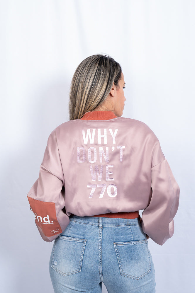 Pink and terracotta satin cropped bomber jacket | Runway Secrets