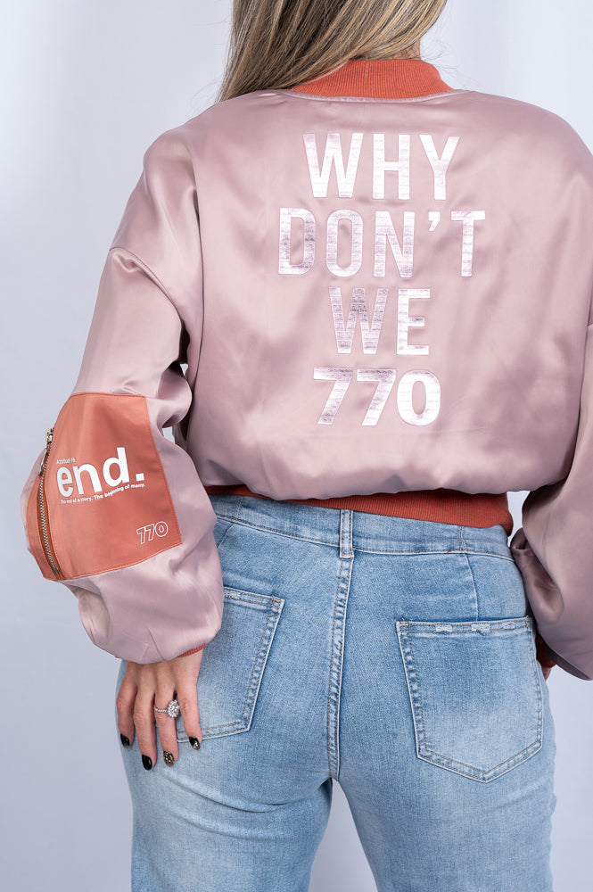 Pink and terracotta satin cropped bomber jacket | Runway Secrets