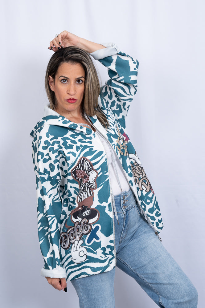 blue Printed zipped hoodie | Runway Secrets