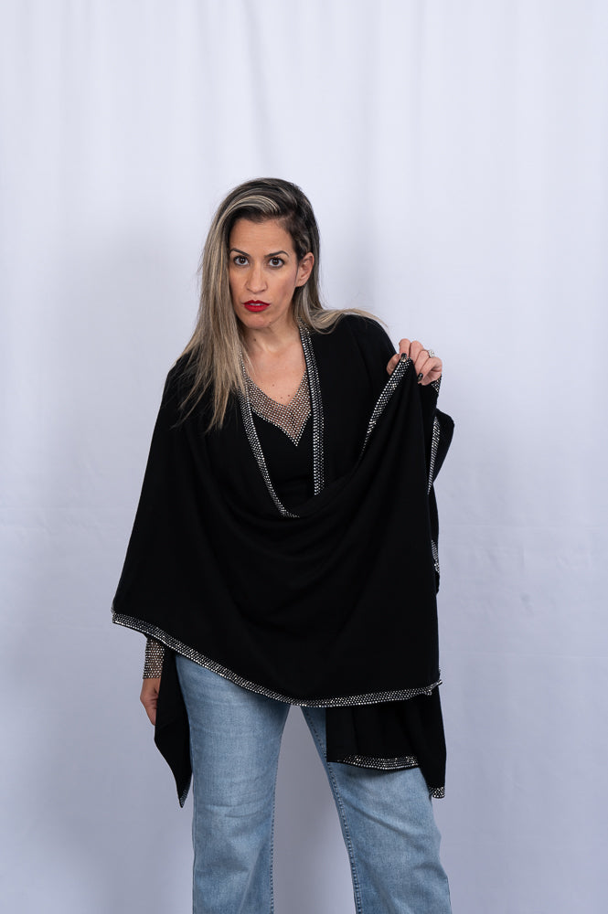 Black cape cardigan with sparkle hem | Runway Secrets