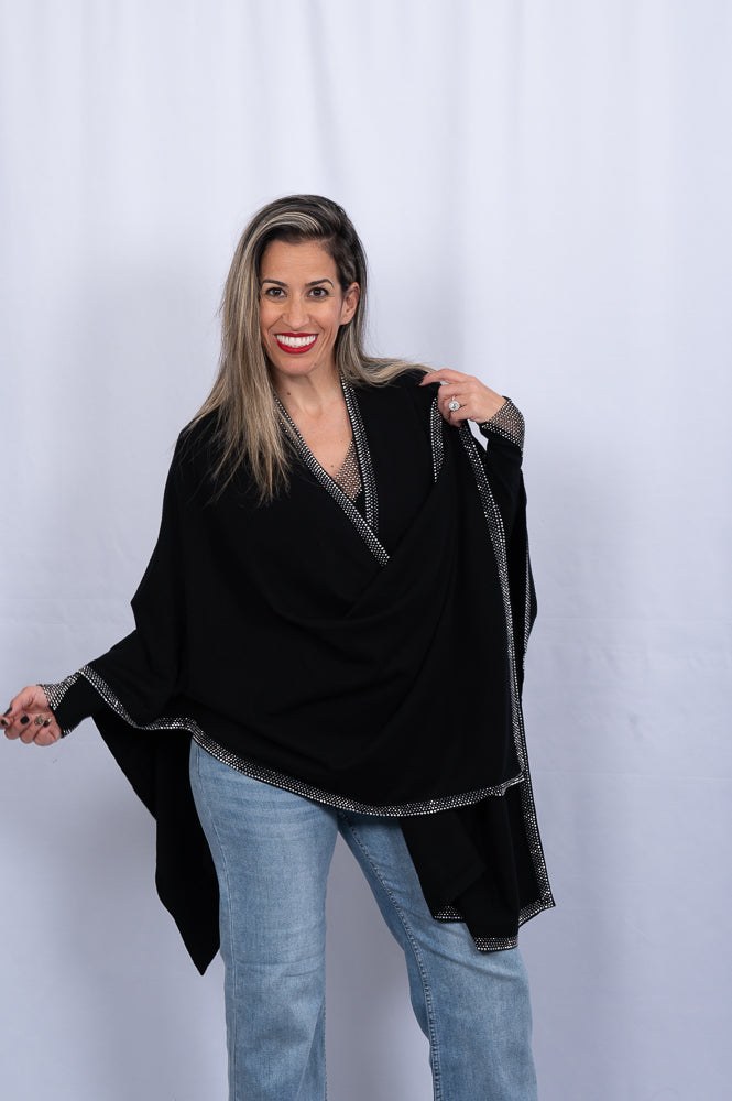 Black cape cardigan with sparkle hem | Runway Secrets