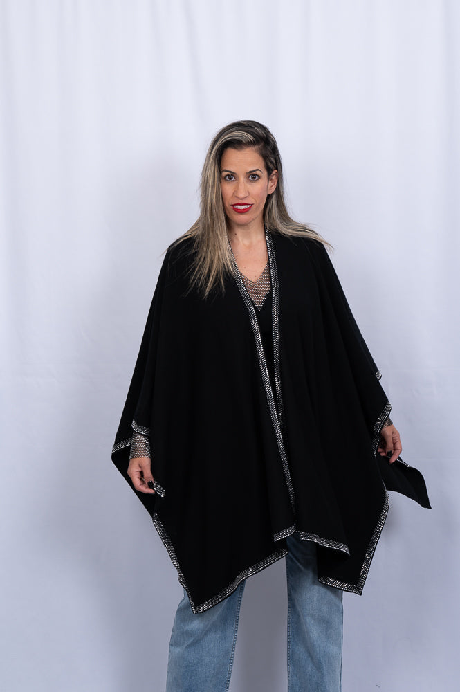 Black cape cardigan with sparkle hem | Runway Secrets