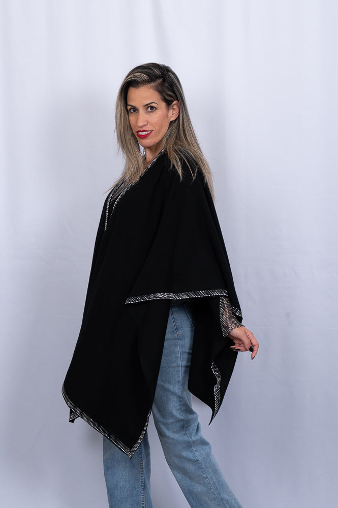 Black cape cardigan with sparkle hem | Runway Secrets