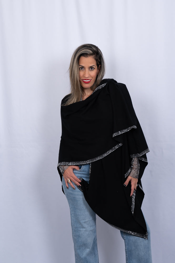 Black cape cardigan with sparkle hem | Runway Secrets