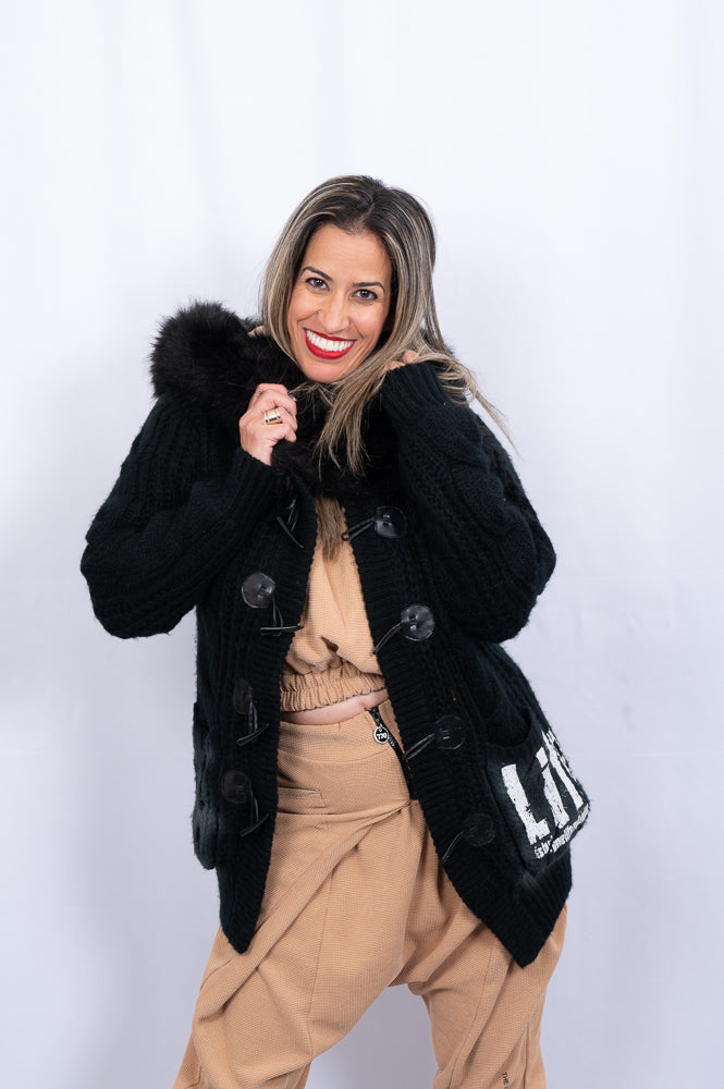 Black knitted jacket with faux fur hood | Runway Secrets