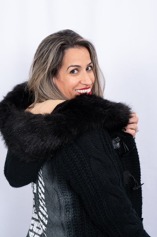 Black knitted jacket with faux fur hood | Runway Secrets