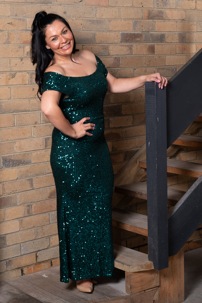 green Sequin boat neck dress with cowl back | Runway Secrets