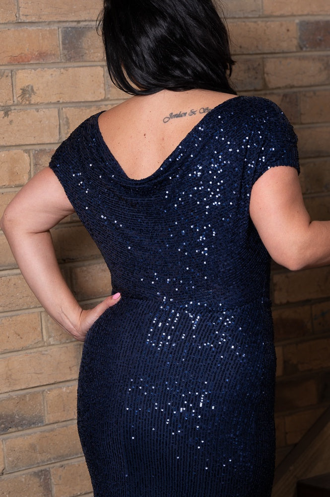 navy Sequin boat neck dress with cowl back | Runway Secrets