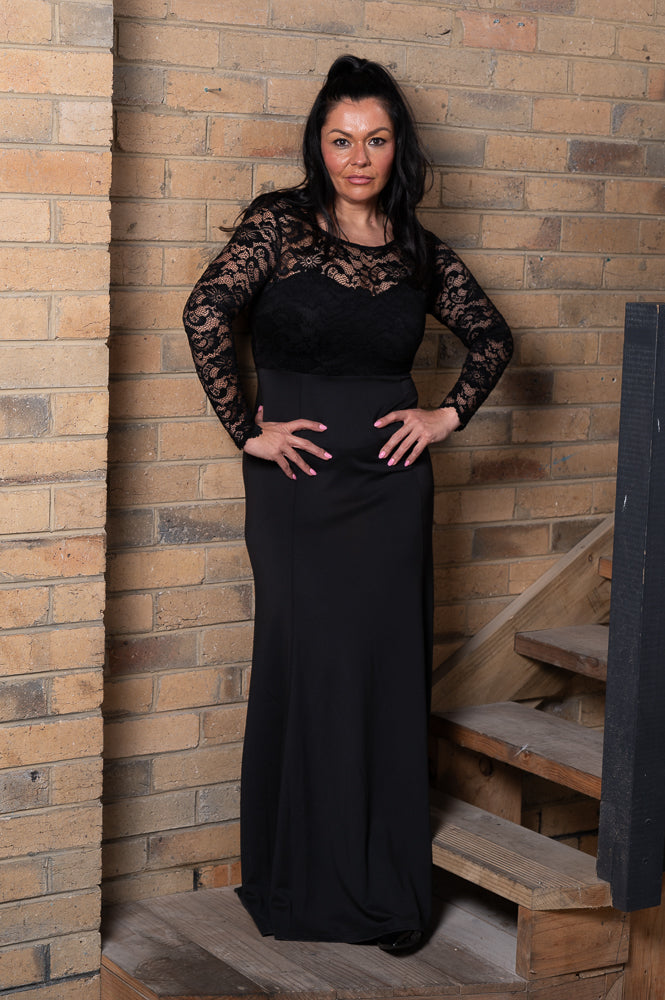 black Long sleeve lace top dress with open back | Runway Secrets