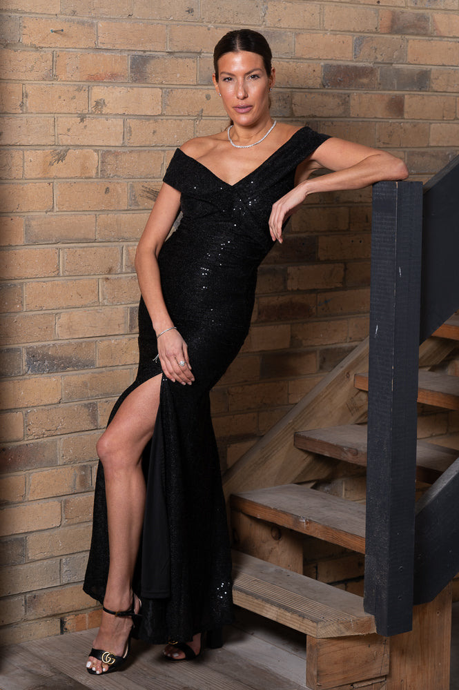 black Long sequin dress with lapel cleavage detail | Runway Secrets